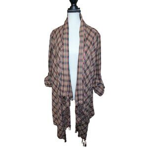 Billabong Plaid Drape Front Fringe Cardigan – 100% Cotton – Size M